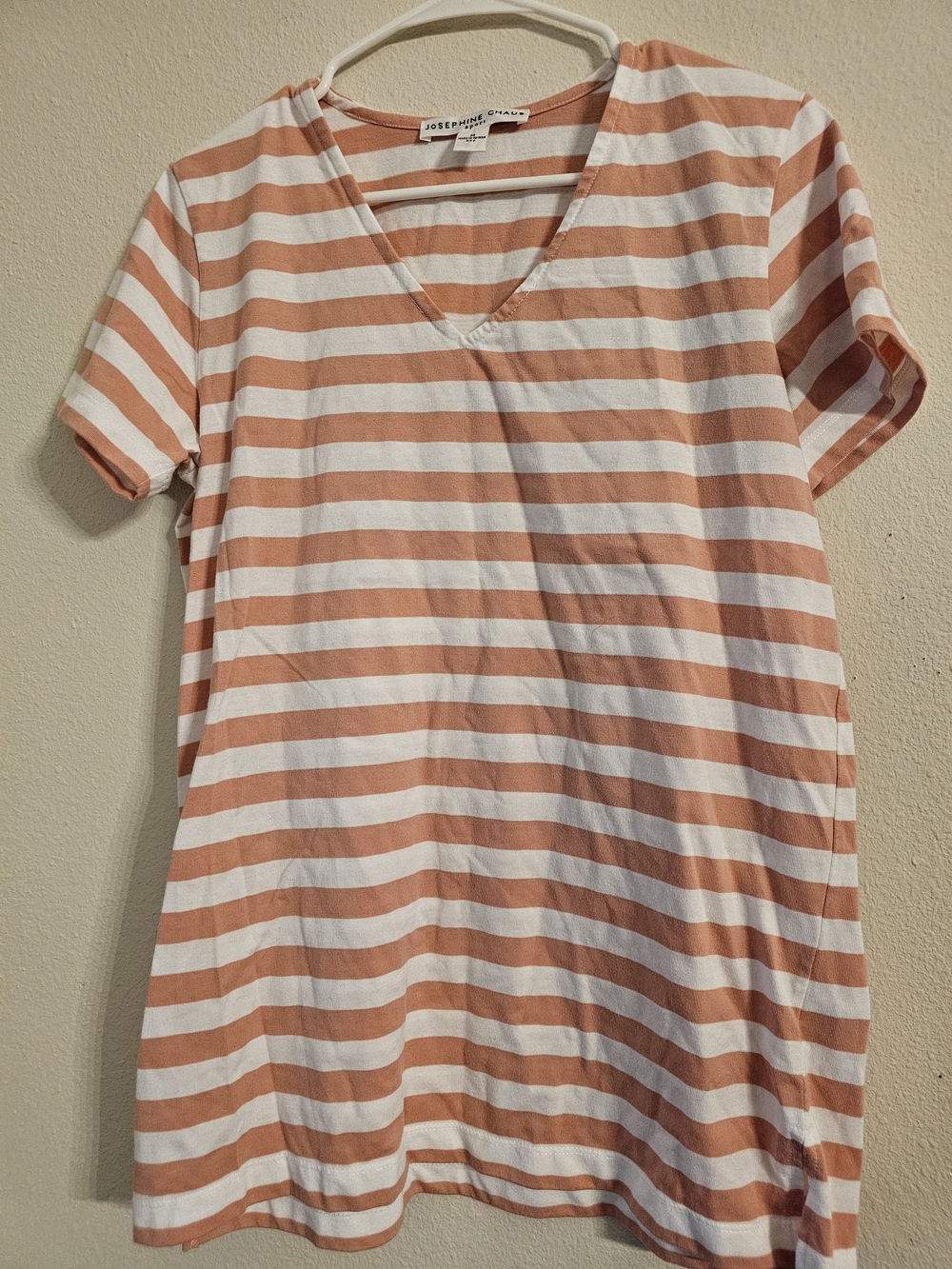 Josephine Chaus Peach-White Striped V-Neck Tee